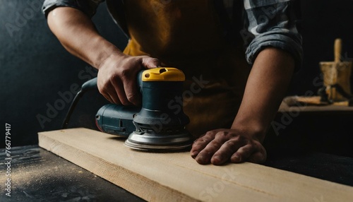 Sure, here’s a concise, descriptive sentence for the close-up of sanding wood with an orbital sander in a workshop: photo