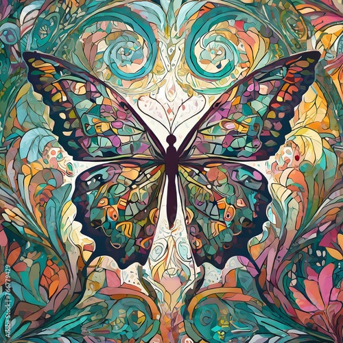 a vibrant patterned silhouette featuring a colorful butterfly in flight. The intricate patterns within the silhouette depict various floral and geometric motifs, creating a visually captivating compos © Asad