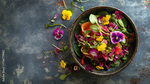 Edible Flowers in Salad Bowl on Aged Surface