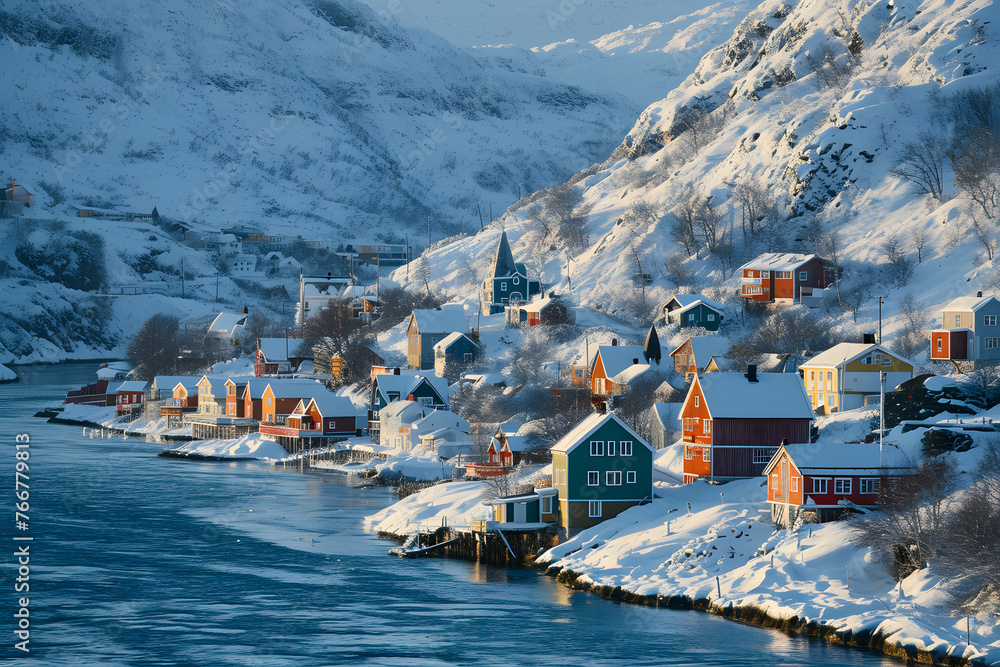 Beautiful winter landscape with fishing village in Lofoten islands, Norway. winter houses on the shore of a lake against the backdrop of mountains