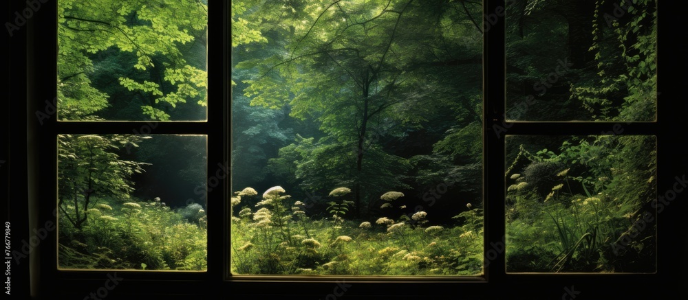 Naklejka premium A landscape view of a dense forest filled with terrestrial plants and trees can be seen through a glass window, showcasing the natural beauty of the lush green surroundings