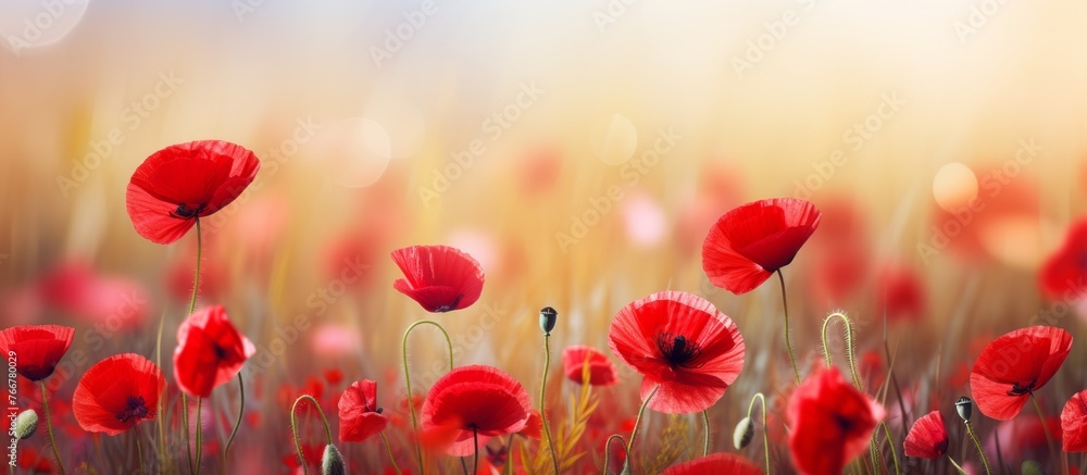 Fototapeta premium A colorful meadow of red poppies basking in the sunlight, enhancing the natural landscape with their vibrant petals. A happy sight for people in nature to admire