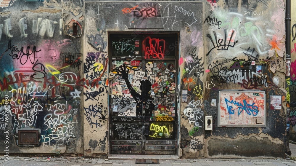 Fototapeta premium Street art adorning the entrance to a rundown building featuring a large intricate stencil of a rebellious figure throwing up peace signs against a chaotic backdrop of words