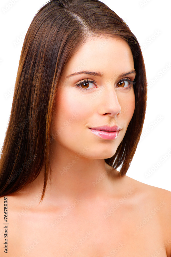 Woman, portrait and hair with beauty, glow and smile for keratin shampoo with cosmetic care on white background. Haircare, wellness and cosmetology for shine, self care and salon treatment in studio Woman, portrait and hair with beauty, glow and smile for keratin shampoo with cosmetic care on white background. Haircare, wellness and cosmetology for shine, self care and salon treatment in studio