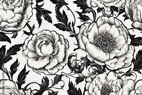 Flower vintage scroll Baroque Victorian frame border rose peony floral ornament leaf engraved retro pattern decorative design tattoo black and white filigree calligraphic © superbphoto95