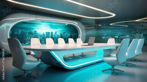 A futuristic meeting room in aqua and white, integrating seamless technology and artistic lighting. © LOVE ALLAH LOVE