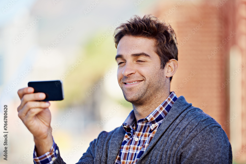 Photograph, outdoor and man with smartphone, smile and memory with social media and connection. Person, guy in a city and mobile user taking a picture and cellphone with digital app and technology Photograph, outdoor and man with smartphone, smile and memory with social media and connection. Person, guy in a city and mobile user taking a picture and cellphone with digital app and technology