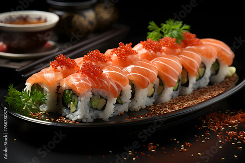 Sushi set on black background. Sushi roll with salmon, tuna, eel, caviar, cream cheese, wasabi and ginger.. Sushi menu. Japanese food