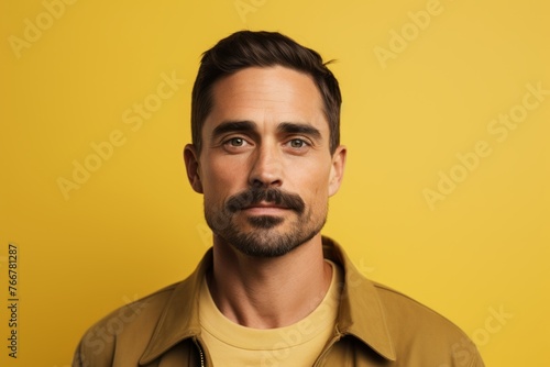 portrait of handsome man with beard looking at camera isolated on yellow