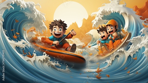 Joyful 3D cartoon surfers riding the waves © Parinwat Studio