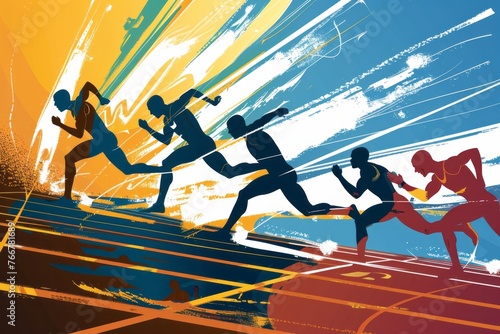 A dynamic depiction of the track and field events at the sports festival, with athletes sprinting, hurdling, and pole vaulting with grace and determination, Generative AI photo
