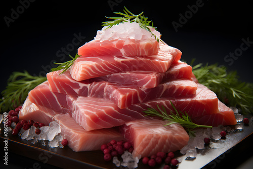 Fresh raw meat cut into cubes on a black board with spices and herbs on a dark background. protein food