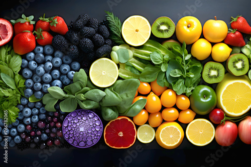 harvest different fruits berries and vegetables on a dark background. products and food. view from above