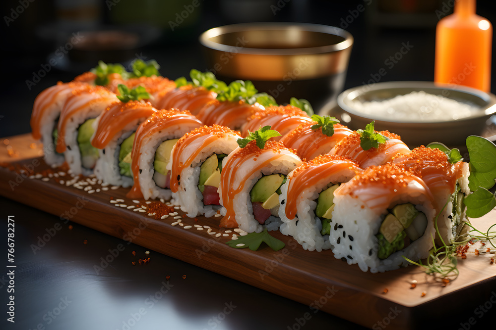 Sushi set on black background. Sushi roll with salmon, tuna, eel, caviar, cream cheese, wasabi and ginger.. Sushi menu. Japanese food Sushi set on black background. Sushi roll with salmon, tuna, eel, caviar, cream cheese, wasabi and ginger.. Sushi menu. Japanese food
