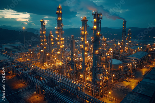 Oil refinery plant at twilight, petrochemical industry. Oil industry