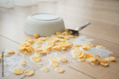 Spilled breakfast cereal on floor