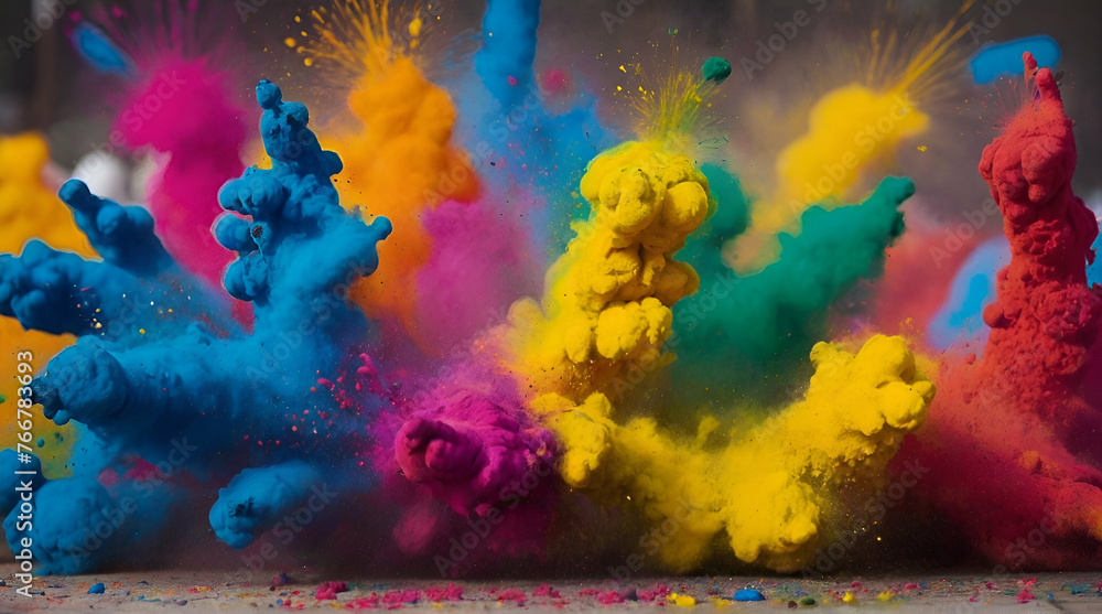 Scattering splashes of colorful bright powder on a dark background for Holi festival in India, concept of celebrating.generative.ai