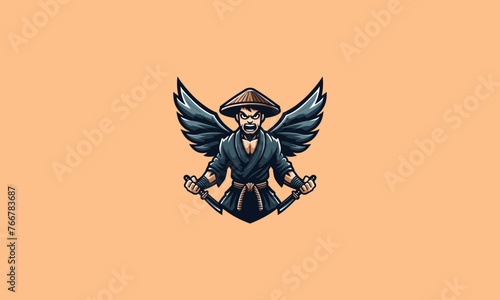 character old man wearing hat with wings angry vector logo design photo