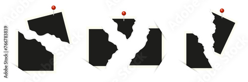 Set of tattered old photo frames attached with buttons. Retro snapshots, snapshot mockup, tattered old photo. Realistic template with shadow.