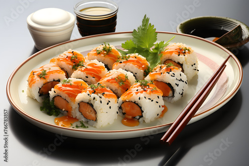 Sushi rolls with salmon, cream cheese, cucumber, sesame seeds, wasabi and ginger on a black background. Sushi menu. Japanese food