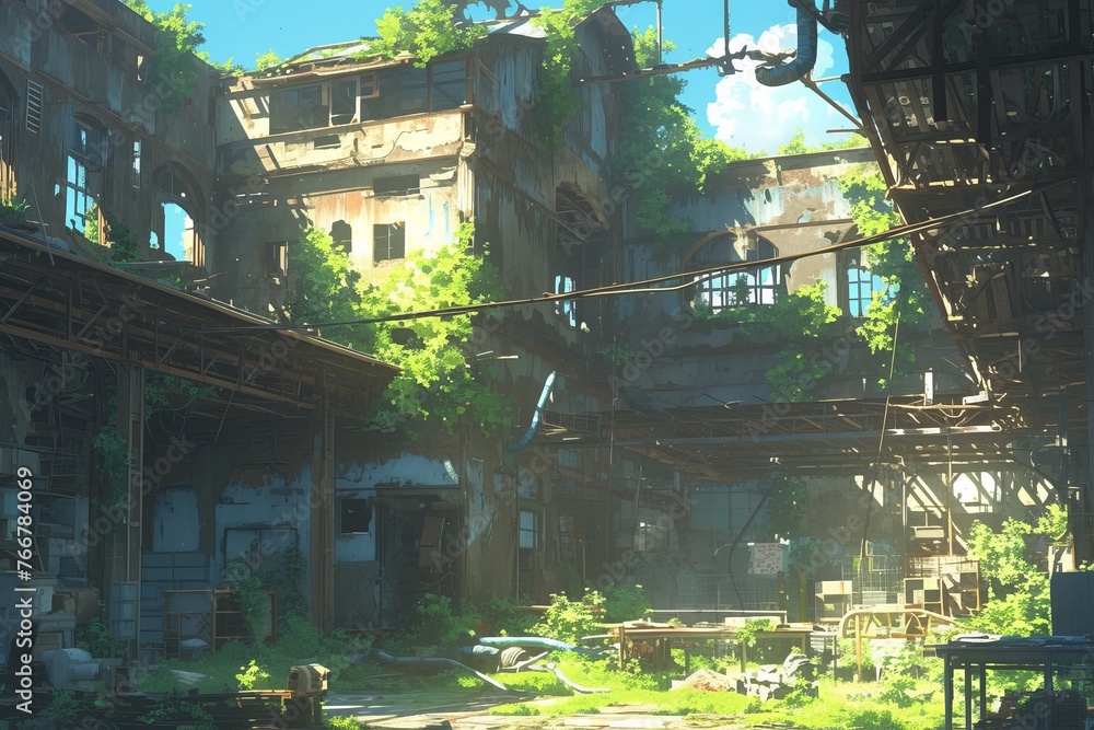 Abandoned warehouse, anime background, wallpaper