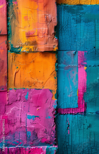 Oil painted old textured wall colorful abstract rectangle shapes.