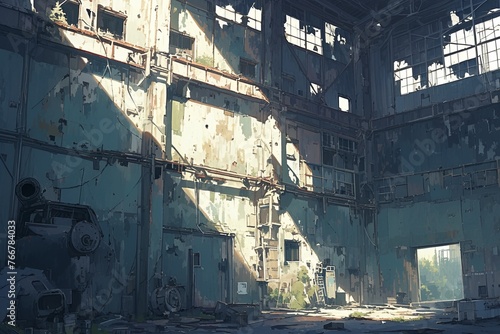 Abandoned warehouse, anime background, wallpaper