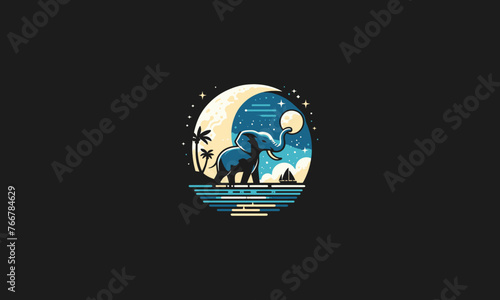elephant on sea night moon vector logo design