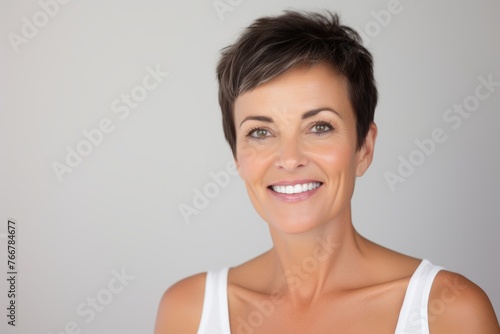 Portrait of a smiling middle-aged woman with short hair, over grey background