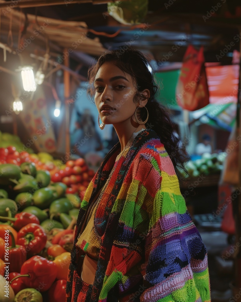 Colorful attire in tomato market. A woman stands out with her multicolored outfit amidst a tomato-filled market