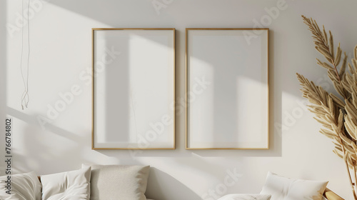 Modern minimalist sofa interior with blank poster frame mockup