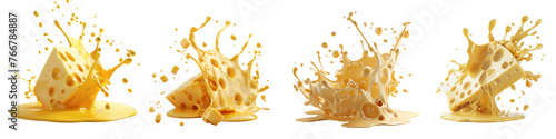Set of cheese with sauce splashing in the air, isolated on transparent background
