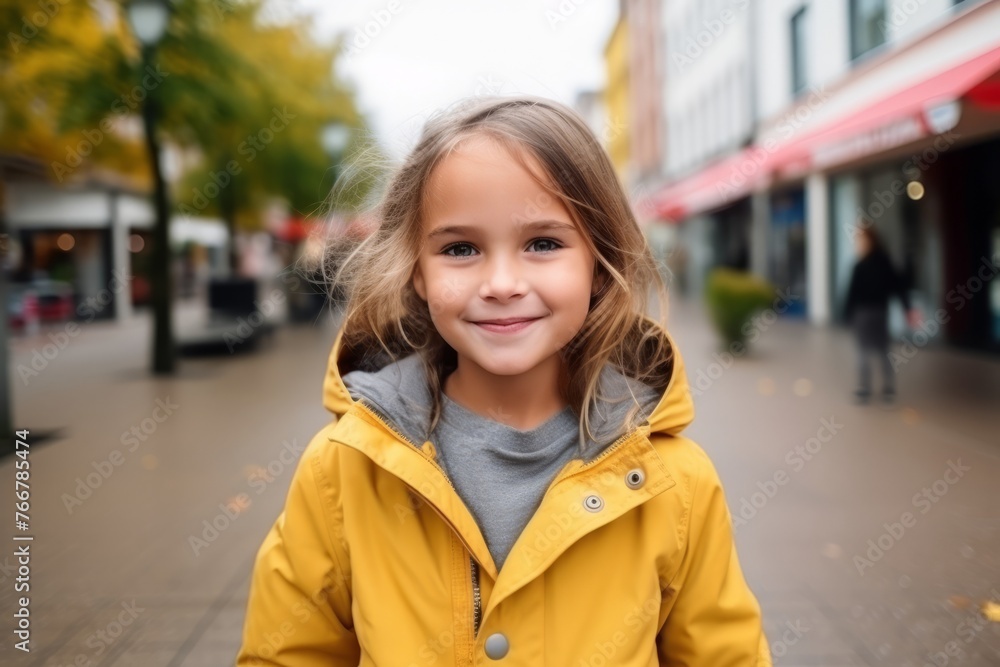 Portrait of a cute little girl in a yellow coat on the street