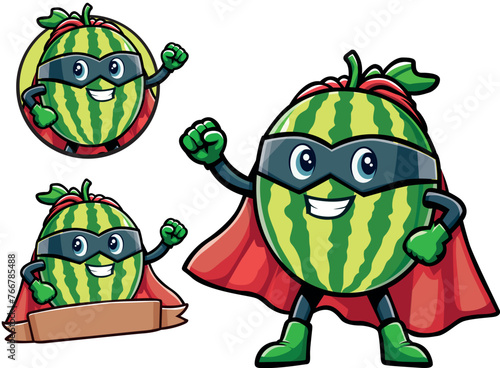 cartoon illustration and logo of a cute superhero watermelon character.