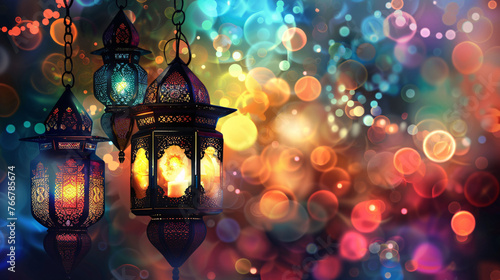 Ramadan lanterns glowing at night on a the occasion of Eid-ul-Fitr.	 photo