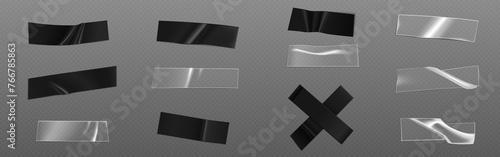 Transparent and black adhesive plastic cut tape patch mockup. Realistic vector illustration set of clear sticky strip with wrinkles. Sticky crumpled sellotape film piece. Piece of glued scotch band.