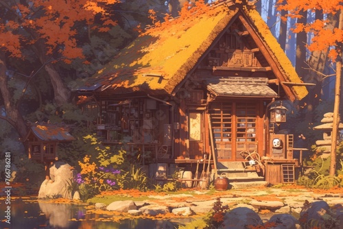 House in a forest, autumn, anime style, wallpaper © IMAGE