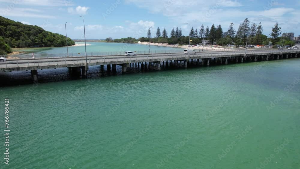 Flying Towards Tallebudgera Creek Bridge In Burleigh Heads, Australia. drone shot Flying Towards Tallebudgera Creek Bridge In Burleigh Heads, Australia. drone shot