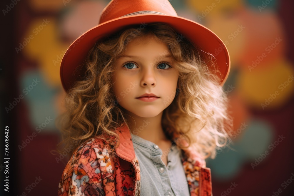 Portrait of a beautiful little girl with curly hair in a red hat. Portrait of a beautiful little girl with curly hair in a red hat.