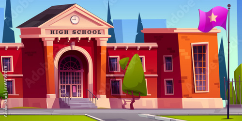 Fototapeta Naklejka Na Ścianę i Meble -  High school building in modern city. Vector cartoon illustration of educational institution brick facade with stairs, door and windows, green lawn, trees and bushes in park, cityscape under blue sky