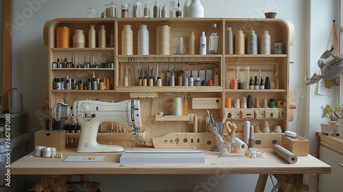 sewing and handicraft tools on wall organizer