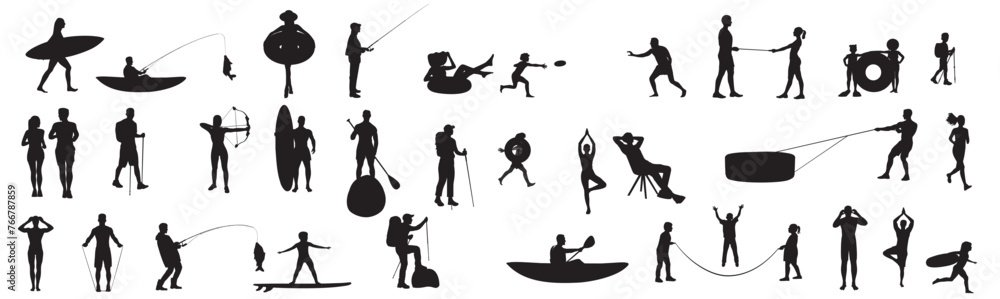 Obraz premium Vector illustration set of silhouette people enjoying summer vacation