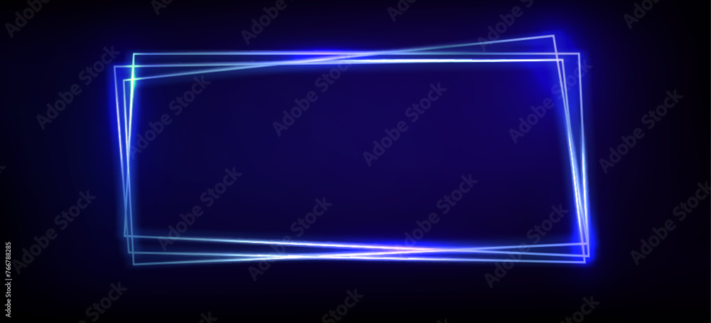 Blue neon glow rectangle frame. Realistic vector illustration of triple border and text box. Wall luminous line rectangular banner with empty space. Retro futuristic festive and show billboard design. Blue neon glow rectangle frame. Realistic vector illustration of triple border and text box. Wall luminous line rectangular banner with empty space. Retro futuristic festive and show billboard design.