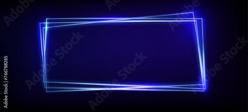 Blue neon glow rectangle frame. Realistic vector illustration of triple border and text box. Wall luminous line rectangular banner with empty space. Retro futuristic festive and show billboard design.