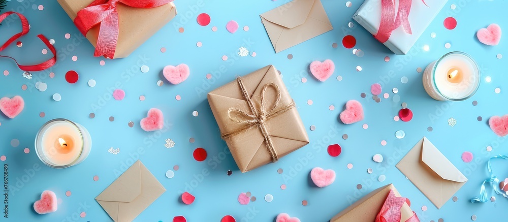 Valentine's Day theme with gifts, candles, confetti, and envelopes on a soft blue background. Representing the concept of Valentine's Day with a flat lay presentation, top view, and space for text. Valentine's Day theme with gifts, candles, confetti, and envelopes on a soft blue background. Representing the concept of Valentine's Day with a flat lay presentation, top view, and space for text.