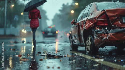 a rear-ended car with a woman walking away in the rain - car insurance claim - road safety regulation campaign - auto repair shop promotion - personal injury lawyer ads photo