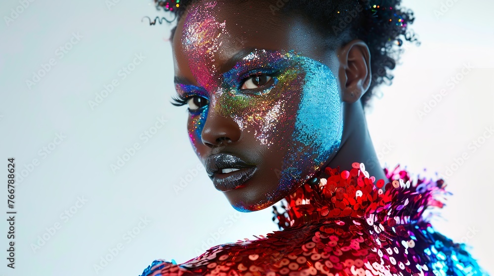 sequin allure: a black woman in a red sequin dress with glittering makeup, looking over her shoulder