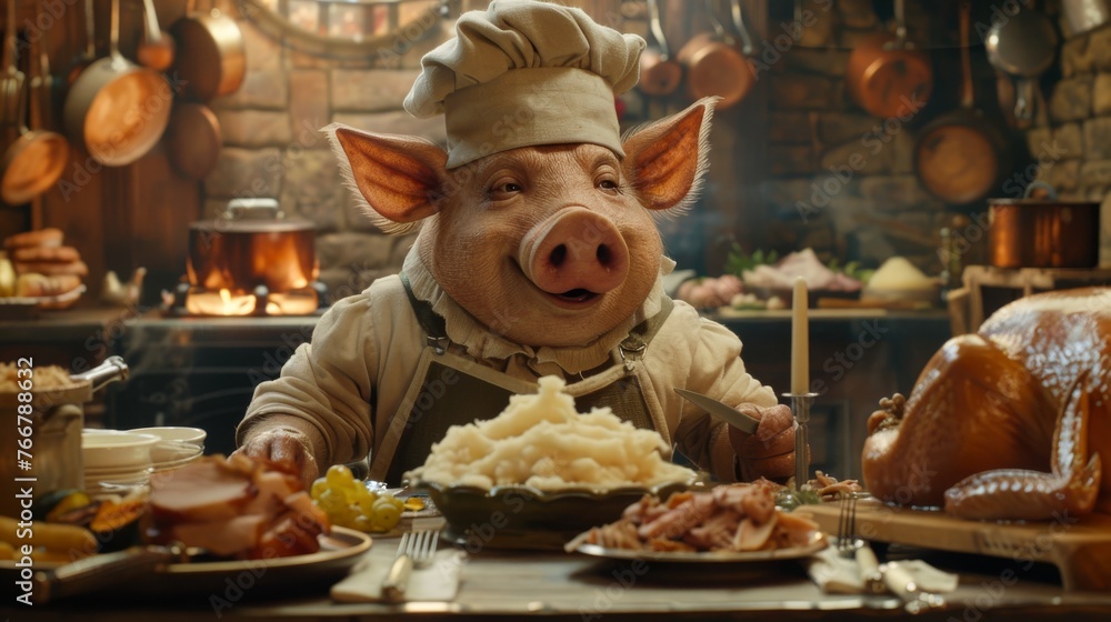Anthropomorphic pig chef happily garnishing a bountiful holiday dinner table with traditional dishes.