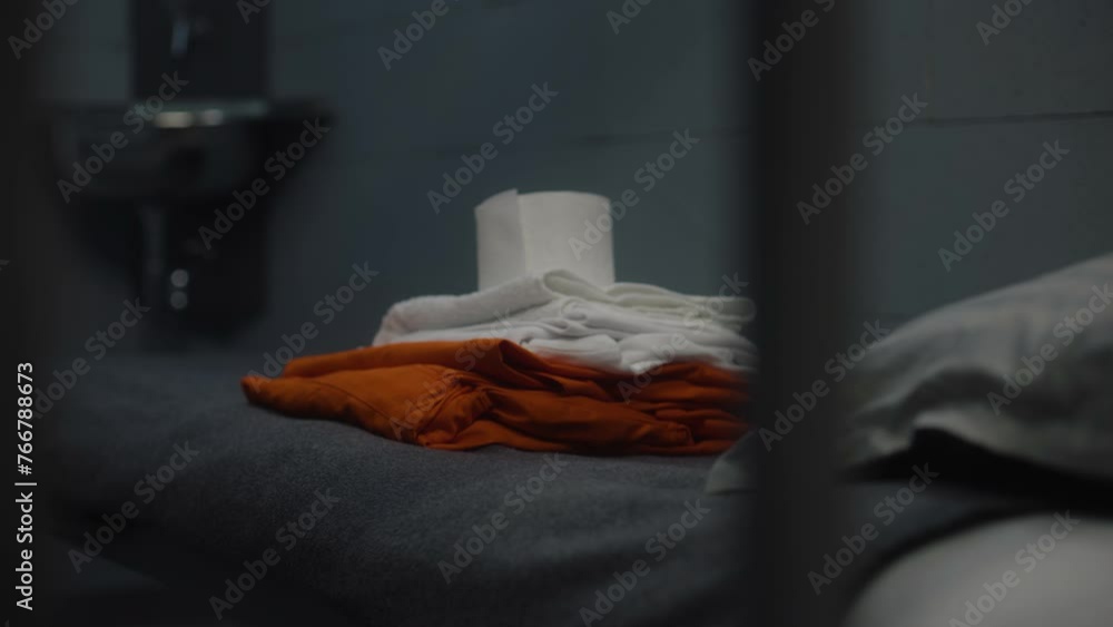 Inmate Puts Orange Prison Uniform, Bath Towel And Toilet Paper On Bed ...