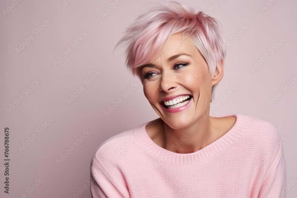 Portrait of a beautiful smiling woman with pink hair over pink background Portrait of a beautiful smiling woman with pink hair over pink background